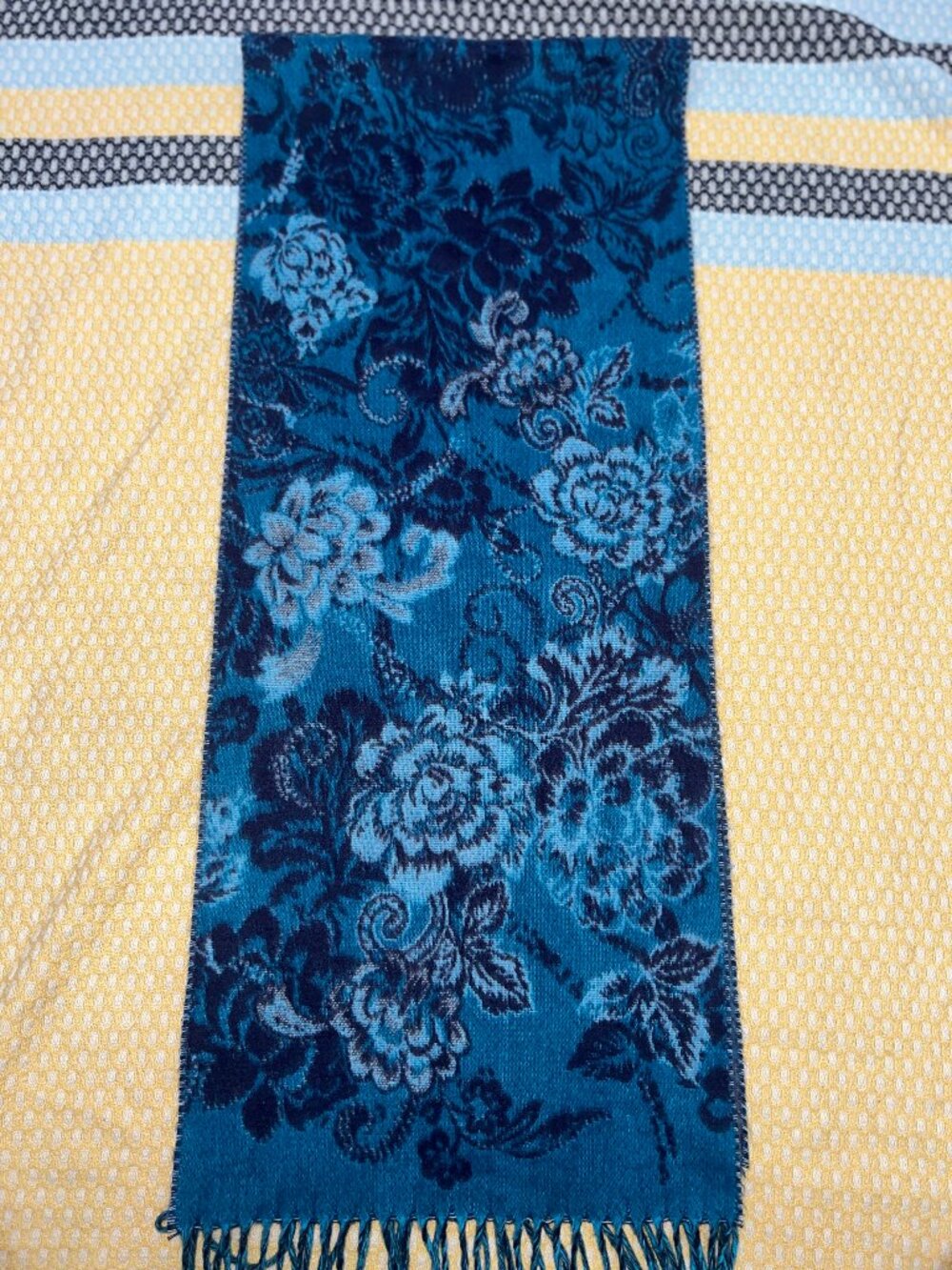 V. Fraas Cashmink Blue Teal Floral Fringe Scarf Made in Germany